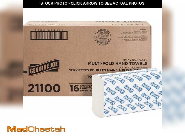 Lot 74-13709672 - Genuine Joe Multifold Hand Towels, 9.5" x 9.10", 1-Ply, White, 250/Pack, 16 Count - UNUSED