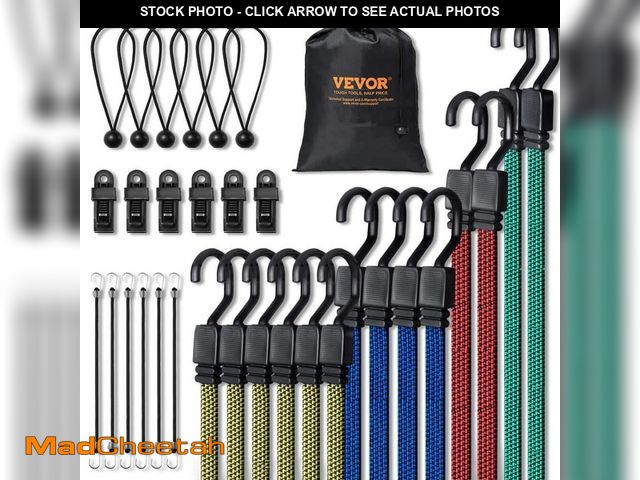 Lot 74-12746812 - VEVOR 32 Pcs Flat Bungee Cord Set, 17 mm Heavy Duty Bungee Straps w/ A3 Steel J-Hooks, Includes 10 i...