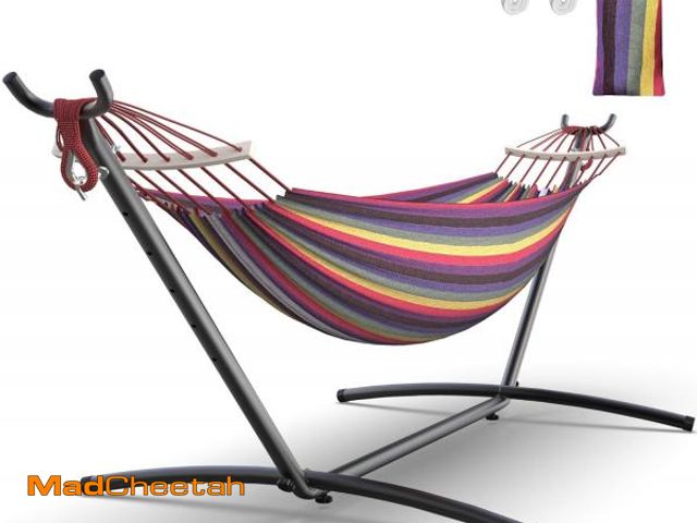 Lot 74-12397874 - EveryFun Double Hammock with Heavy-Duty Steel Stand,Portable,Easy Assembly,600lbs Weight Capacity,Pe...