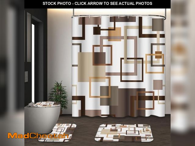 Lot 74-12313707 - Tayney Geometric Brown Shower Curtain Set with Toilet Lid Cover and Non-Slip Rugs, Abstract Square 4...