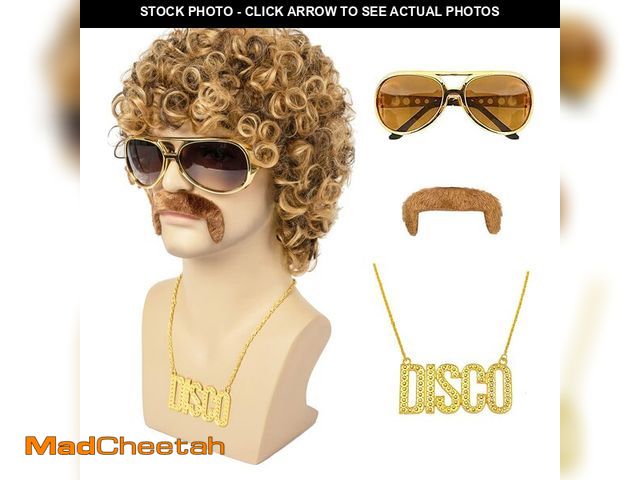 Lot 74-14214558 - TUOFLY Disco Wig 5Pcs Set (Wig+ Glasses+ Necklace+ Mustache+ Wig Cap) 70'S Costumes Wig Afro Wig Men...