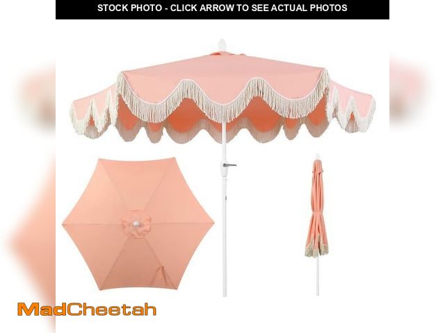 Lot 74-12663542 - JONATHAN Y Collins 9 ft. Classic Cottage Tassel Market Patio Umbrella with Auto-Tilt, Crank, Wind Ve...