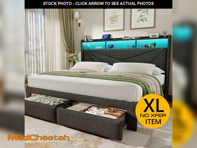 Lot 74-13117633 - Driftalia King Size Bed Frame with 2-Tier Storage Headboard, Upholstered King Bed Frame with 2 Drawe...