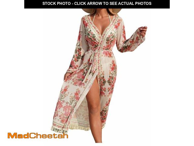 Lot 74-14151388 - OYOANGLE Beach Cover Ups for Women Floral Long Sleeve Belted Long Kimono Cardigans Resort Wear Light...