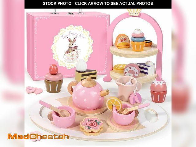 Lot 74-12333774 - Wooden Tea Party Set for Little Girls, Toddler Girl Gifts Princess Tea Time Toys, Wooden Tea Set Foo...