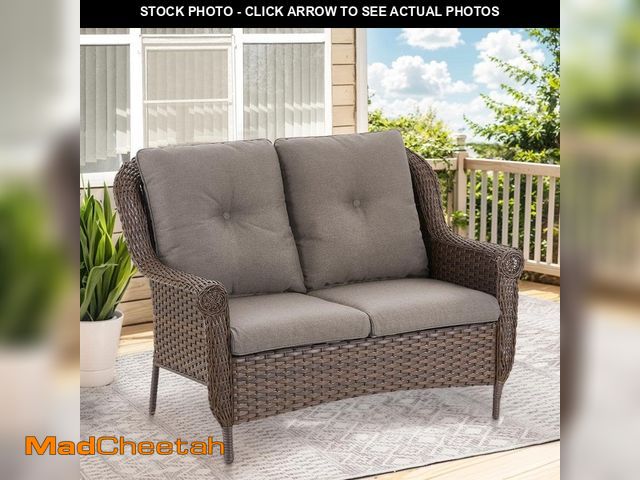 Lot 74-13225271 - Floral Brown 1-Piece Wicker Outdoor Loveseat with CushionGuard Gray Cushions - UNUSED