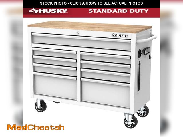 Lot 74-12535139 - Husky Tool Storage 46 in. W x 18 in. D 9-Drawer Gloss White Mobile Workbench Cabinet - UNUSED