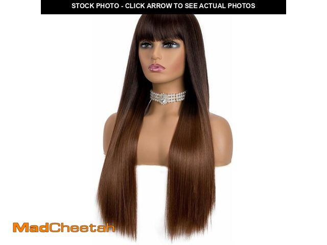 Lot 74-12683372 - Long Hair Straight Wigs with Bangs Dark Roots Omber Brown Synthetic Wigs for Women Natural Fashion S...