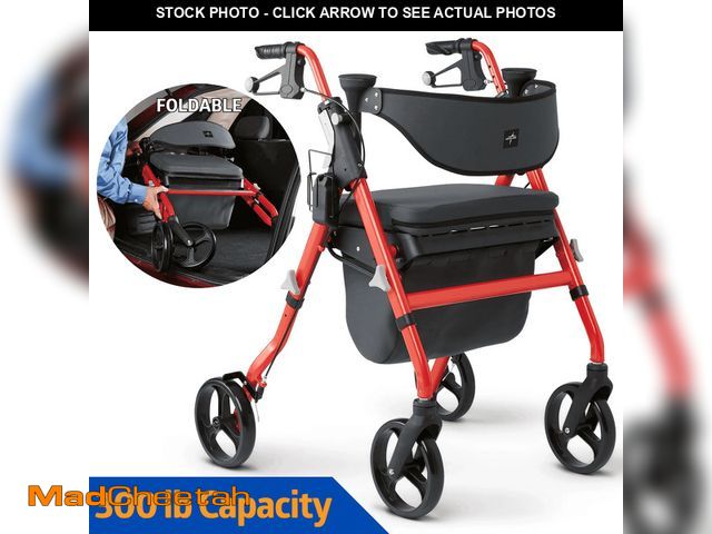 Lot 74-14286975 - Medline Rolling Walker, Rollator with Seat and 8-In Wheels, Lightweight, Red, 300-lb Capacity, Alumi...