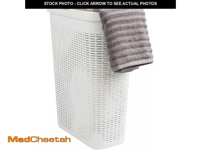 Lot 74-13042287 - Mind Reader Slim Laundry Hamper with Lid, 40L Clothes Basket, Premium Wicker Design, Plastic, White ...