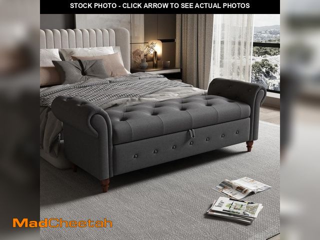 Lot 74-12465003 - Harper &amp; Bright Designs Dark Gray Tufted Armed Storage Bedroom Bench 24.4 in. H x 63 in. W x 22 ...