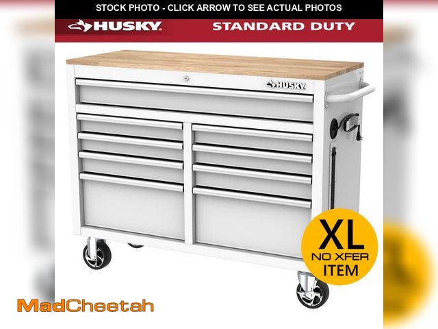 Lot 74-12836029 - Husky Tool Storage 46 in. W x 18 in. D 9-Drawer Gloss White Mobile Workbench Cabinet - UNUSED