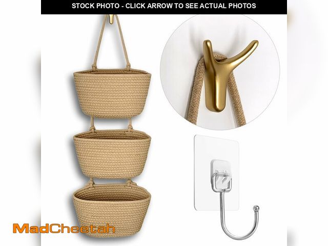 Lot 74-12968557 - 3-Tier Decorative Cotton Rope Hanging Basket, Wall-Mounted Woven Storage Organizer Bag, Jute - UNUSE...