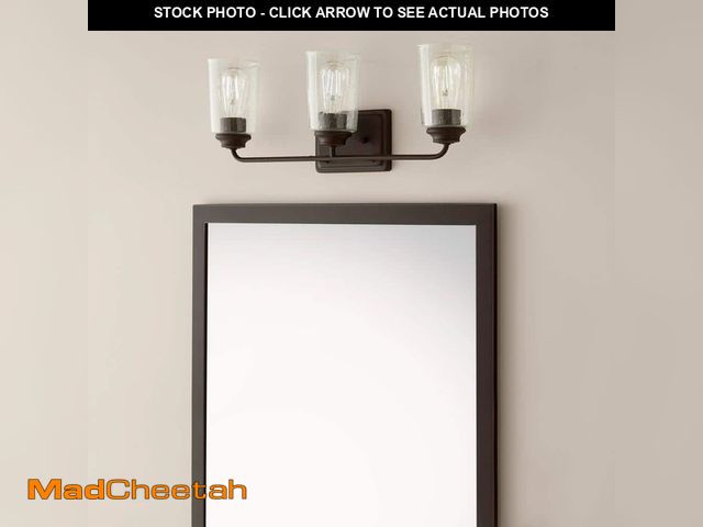 Lot 74-12804215 - Hampton Bay Evangeline 23 in. 3-Light Modern Bronze Farmhouse Bathroom Vanity Light with Clear Seede...
