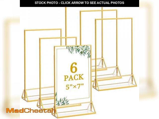 Lot 74-12436032 - Floroom 6 Pack 5x7 Inch Clear Acrylic Sign Holders, Double-Sided Gold Display Stand Picture Frames f...