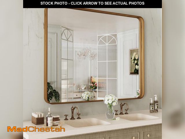 Lot 74-12161292 - LOAAO 40X32 Inch Bathroom Mirror with Wood Grain Colored Metal Frame, Rounded Rectangle Metal Framed...