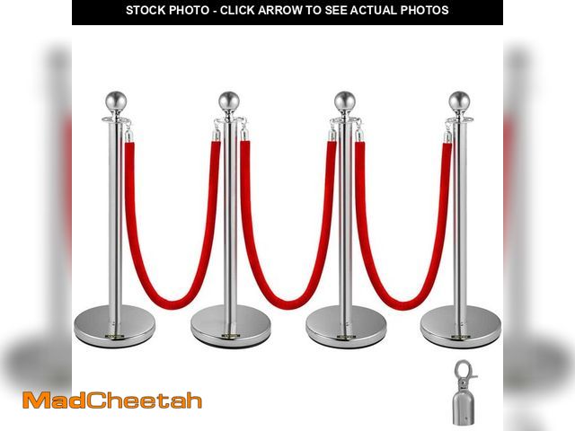 Lot 74-14613684 - (MISSING ONE ROPE)VEVOR Velvet Rope Stanchion 4 Pack Red Velvet Rope Barriers 38 in. Stainless Steel...