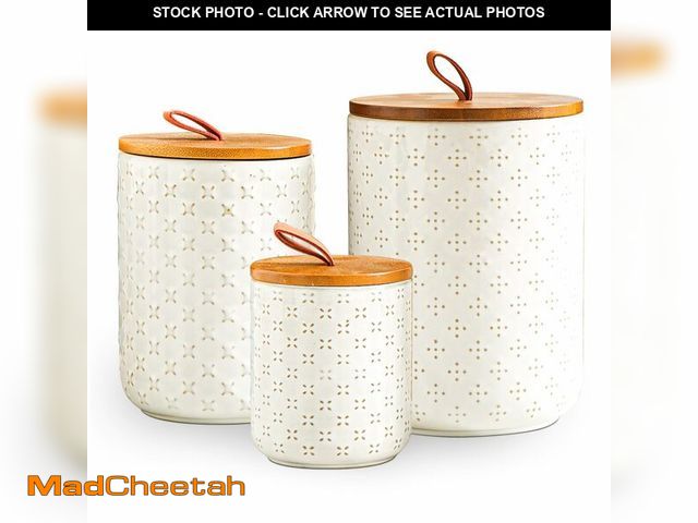 Lot 74-12713434 - JOJUNO White Ceramic Canister Set with Wooden Lids Ã¢â¬â 3-Piece Airtight Food Storage Jars for K...