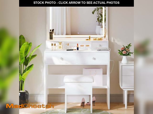 Lot 74-12670082 - Haewon 31" Vanity Desk with Mirror, LED Lights and Charging Station, Makeup Vanity with Storage Stoo...