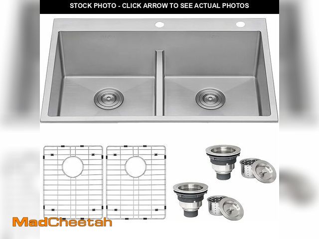 Lot 74-12642221 - Glacier Bay Dolancourt Tight Radius 33 in. Drop-In 50/50 Double Bowl 18 Gauge Stainless Steel Kitche...