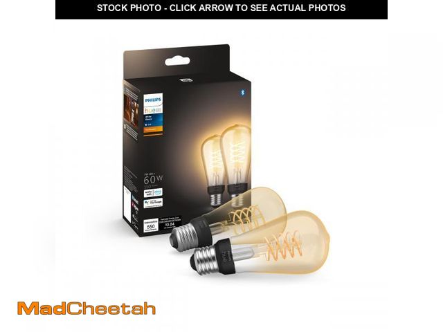 Lot 74-12311580 - Philips Hue Smart 60W ST19 Filament LED Bulb - Soft Warm White Light - 2 Pack - 550LM - E26 - Indoor...