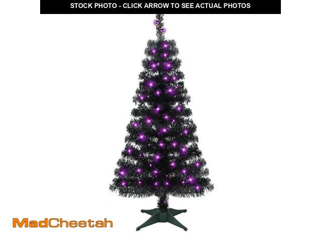 Lot 74-12973872 - Juegoal Lighted Artificial Halloween Black Christmas Tree, 4FT Black Tinsel Pine Tree with 70 LED Pu...