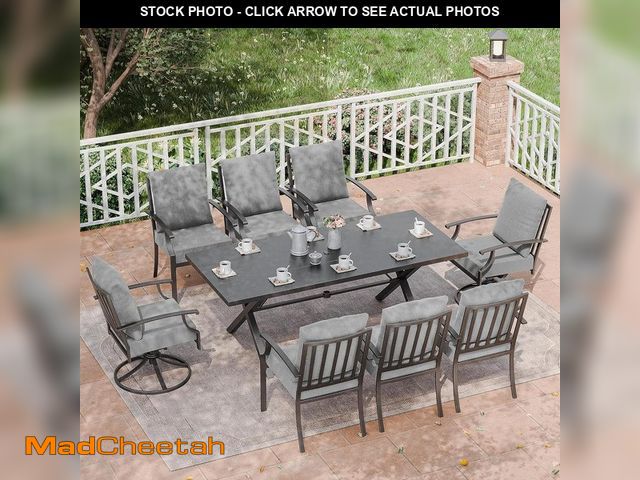 Lot 74-12464994 - Halmuz 9-Piece Metal Patio Outdoor Dining Set with 2 Swivel Chairs, 6 Chairs, Large Table, Umbrella ...