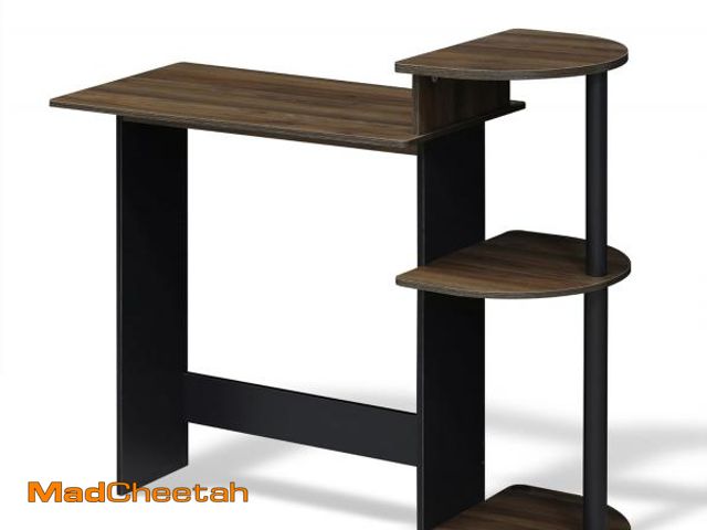 Lot 74-12399789 - Furinno Compact Computer Desk with Shelves, Round Side, Columbia Walnut/Black - UNUSED