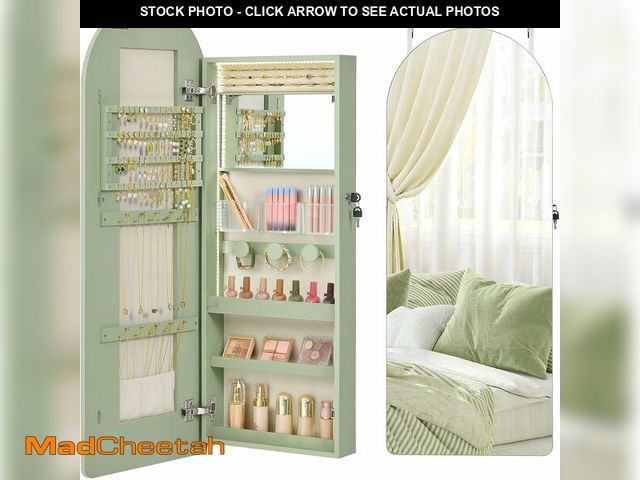 Lot 74-14305887 - SONGMICS Wide Jewelry Organizer, LED Jewelry Cabinet Wall/Door Mounted, Arched Mirror with Storage, ...