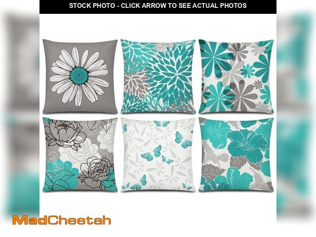 Lot 74-12970828 - COMMINY Set of 6 Teal Grey Pillow Covers 18x18 Inch Decorative Daisy Dahlias Throw Pillow Cover Farm...