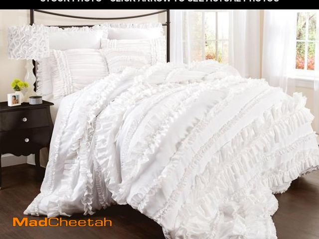 Lot 74-12137091 - Lush Decor Belle 3 Piece Ruffled Vintage Chic White Comforter Set with Bed Skirt and Pillow Sham, Tw...