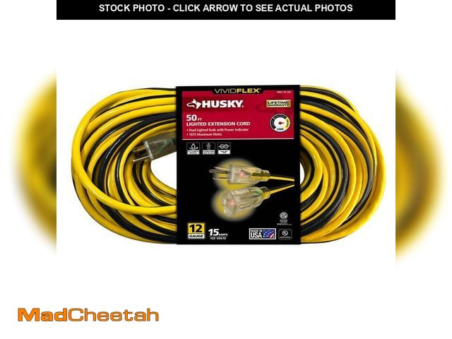 Lot 74-12676972 - Husky VividFlex 50 ft. 12/3 Heavy Duty Indoor/Outdoor Extension Cord with Lighted End, Yellow - USED