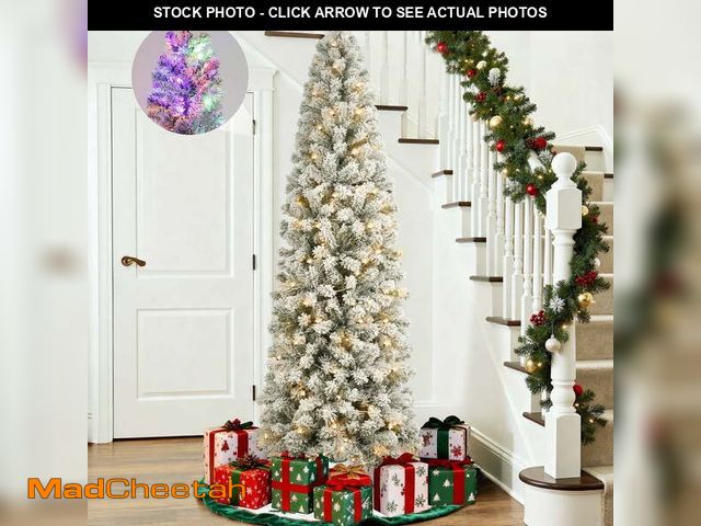 Lot 74-12767385 - Qunler 6ft Pre-Lit Flocked Pencil Christmas Tree, Artificial Slim Corner Xmas Tree with Warm White &...
