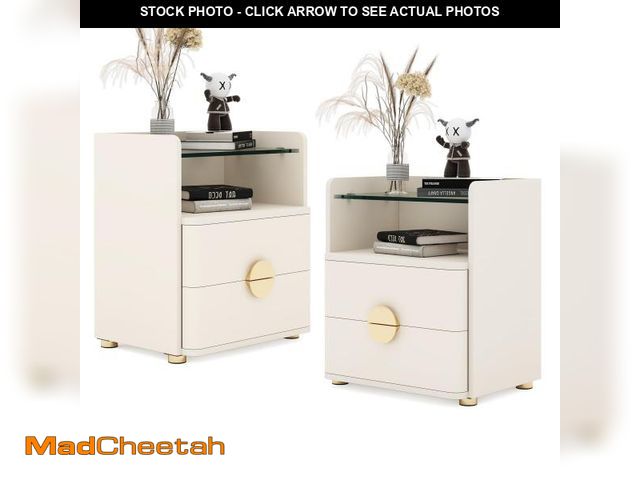 Lot 74-12494244 - 2-Drawer Nightstands Set of 2, Modern Night Stand with Open Tempered Glasses Storage Space, Wooden B...