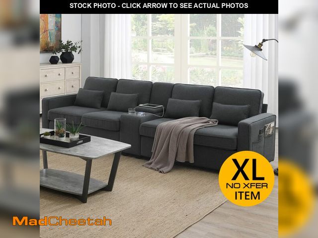 Lot 74-12785555 - Modern Multifunctional Sofa with Storageable Coffee Table and 2 Cupholders, Upholstered Fabric 4-Sea...