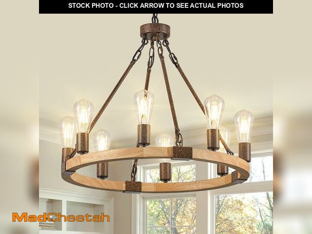 Lot 74-14057260 - Benkut Farmhouse Wagon Wheel Chandelier 23.6" Wooden Rustic Light Fixtures 8-Light Wood Round Chande...