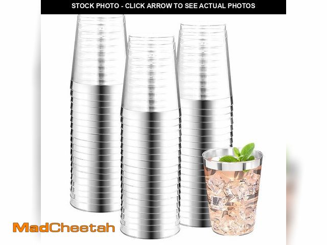 Lot 74-12875640 - DaYammi 200 Pack Silver Plastic Cups 10 Oz Clear Plastic Cups Silver Rimmed Disposable Wine Glasses ...