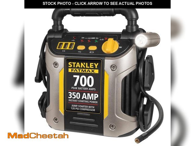Lot 74-12870494 - Stanley 700 Peak Amp Automotive Jump Starter, Portable Power - Triple 15W USB Ports, 120 PSI Air Com...