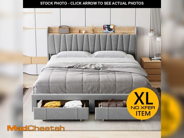 Lot 74-12787101 - GarveeHome King Size Bed Frame with Storage Headboard, Upholstered Platform Beds with Drawers, Charg...