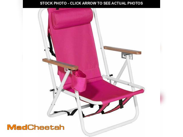 Lot 74-14323042 - Folding Beach Chair Adjustable Headrest w/4 Flexible Tilt Angle, Cup Holder Portable High Strength C...