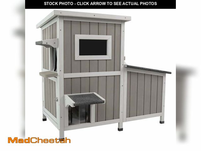 Lot 74-14355213 - PETSCOSSET Outdoor Cat House  2-Story Wooden Condo - Weatherproof, Acrylic Window - Gray - UNUSED