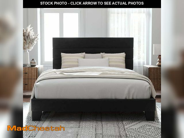 Lot 74-13776314 - Allewie Queen Size Platform Bed Frame with Fabric Upholstered Headboard, No Box Spring Needed, Dark ...