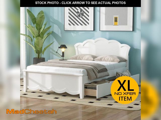Lot 74-14223999 - Polibi White Wood Frame Twin Size Platform Bed with Headboard and Two Drawers - USED