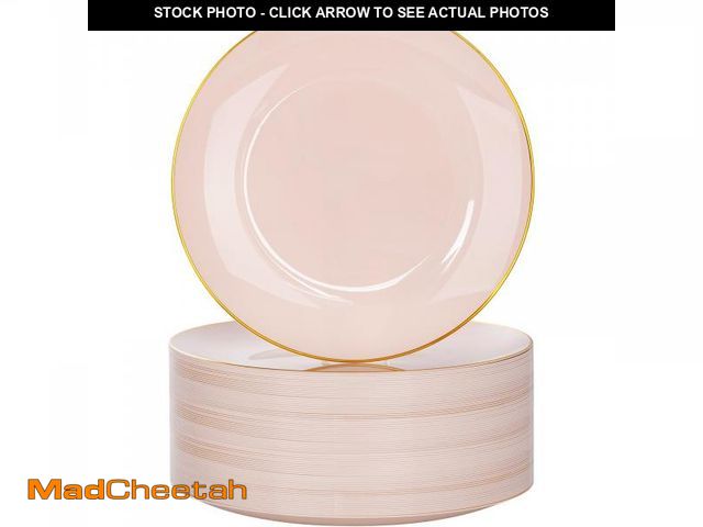 Lot 74-12310740 - Nervure 100PCS Pink and Gold Plastic Plates - 10.25 inch Pink Disposable Plates with Gold Rim - Part...