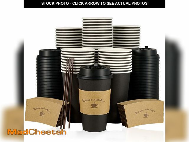 Lot 74-14336554 - LITOPAK 100 Pack 16 oz Paper Coffee Cups with Lids, Black Disposable Coffee Cups with Lids, Sleeves ...