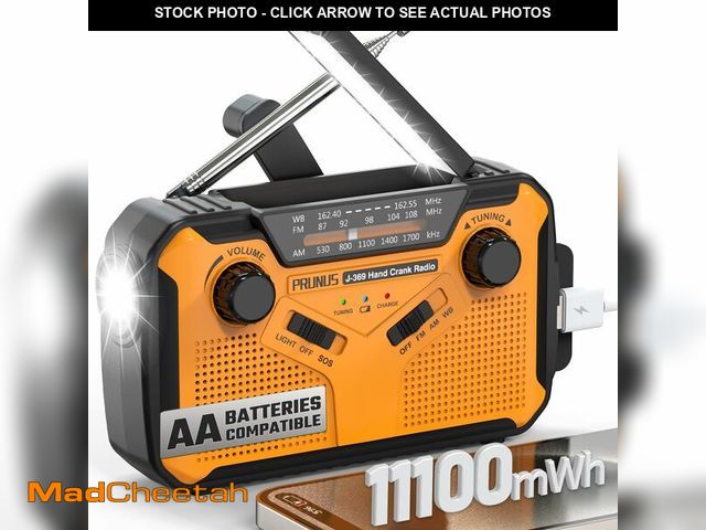 Lot 74-12976796 - PRUNUS J-369 11100mWh Emergency Weather Radio, AA Batteries/Hand Crank/Solar/USB Charging, NOAA/AM/F...