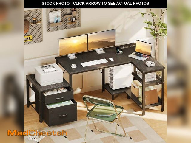 Lot 74-13818863 - 55" Office Desk with Power Outlets &amp; CPU Holder, L-Shaped Corner Desk with File Cabinet, Storage...