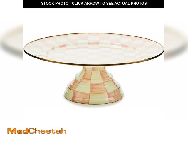 Lot 74-13583317 - MACKENZIE-CHILDS Enamel Pedestal Platter, Round Cake Stand, Large, Pink-and-White Rosy Check - UNUSE...