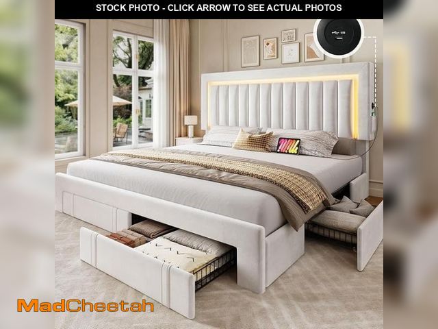 Lot 74-12205505 - YITAHOME Queen Size Bed Frame with Adjustable Headboard, 4 Storage Drawers and RGB LED Lights, Velve...