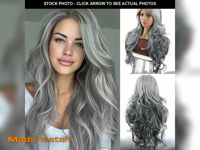 Lot 74-12702223 - Jolelyne Silver Gray Ombre Highlight Wigs Layered Wavy Wig with Curtain Bangs for White Black Women ...